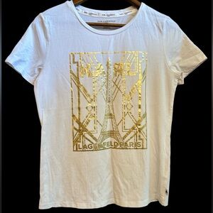 Karl Lagerfeld—Paris, white cotton T-shirt with gold KL design, sz S